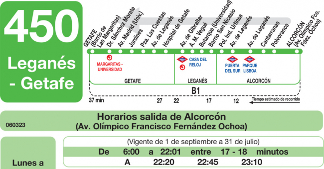 Tabla de horarios y frecuencias de paso en sentido vuelta Línea 450: Getafe - Leganés - Alcorcón