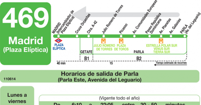 Tabla de horarios y frecuencias de paso en sentido vuelta Línea 469: Madrid (Plaza Elíptica) - Parla (Parla Este - Hospital)