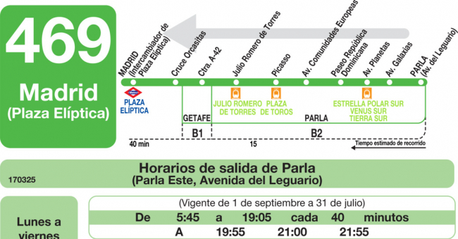 Tabla de horarios y frecuencias de paso en sentido vuelta Línea 469: Madrid (Plaza Elíptica) - Parla (Parla Este - Hospital)