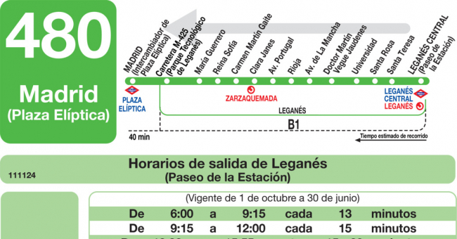 Tabla de horarios y frecuencias de paso en sentido vuelta Línea 480: Madrid (Plaza Elíptica) - Leganés (Estación Central)