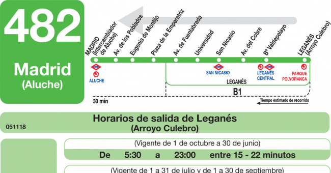 Tabla de horarios y frecuencias de paso en sentido vuelta Línea 482: Madrid (Aluche) - Leganés - Fuenlabrada (Loranca)
