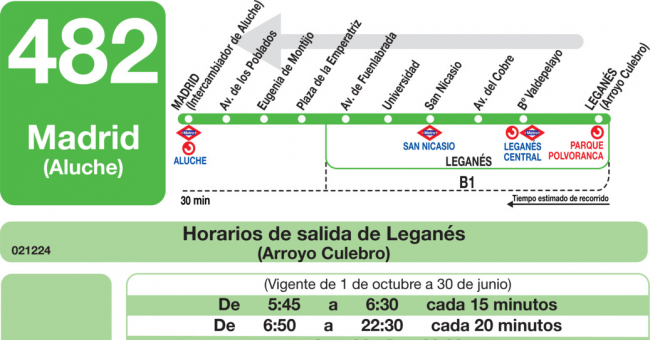 Tabla de horarios y frecuencias de paso en sentido vuelta Línea 482: Madrid (Aluche) - Leganés - Fuenlabrada (Loranca)