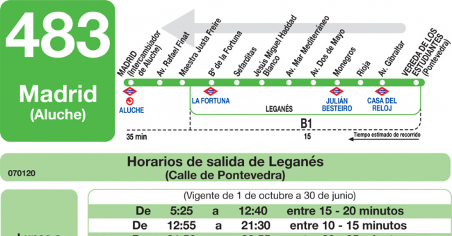 Tabla de horarios y frecuencias de paso en sentido vuelta Línea 483: Madrid (Aluche) - Leganés (Vereda de los Estudiantes)