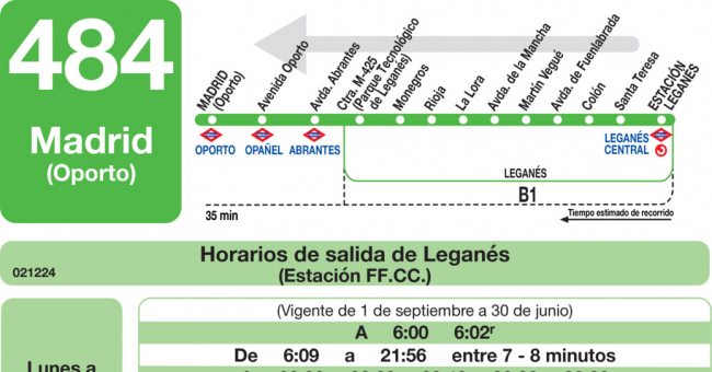 Tabla de horarios y frecuencias de paso en sentido vuelta Línea 484: Madrid (Oporto) - Leganés (RENFE)