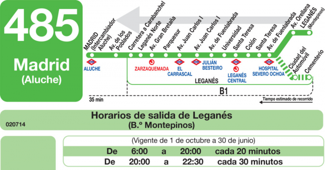 Tabla de horarios y frecuencias de paso en sentido vuelta Línea 485: Madrid (Aluche) - Leganés (Norte - Montepinos)
