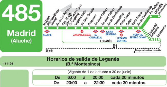 Tabla de horarios y frecuencias de paso en sentido vuelta Línea 485: Madrid (Aluche) - Leganés (Norte - Montepinos)