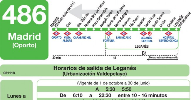 Tabla de horarios y frecuencias de paso en sentido vuelta Línea 486: Madrid (Plaza Elíptica) - Leganés (Valdepelayo)