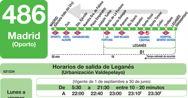 Tabla de horarios y frecuencias de paso en sentido vuelta Línea 486: Madrid (Plaza Elíptica) - Leganés (Valdepelayo)