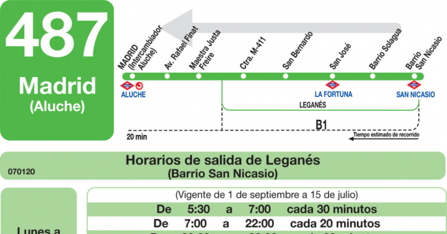 Tabla de horarios y frecuencias de paso en sentido vuelta Línea 487: Madrid (Aluche) - Leganés (San Nicasio)
