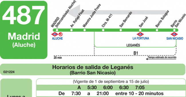 Tabla de horarios y frecuencias de paso en sentido vuelta Línea 487: Madrid (Aluche) - Leganés (San Nicasio)