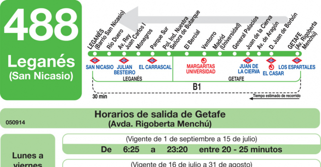 Tabla de horarios y frecuencias de paso en sentido vuelta Línea 488: Leganés (San Nicasio) - Getafe (Getafe Norte)