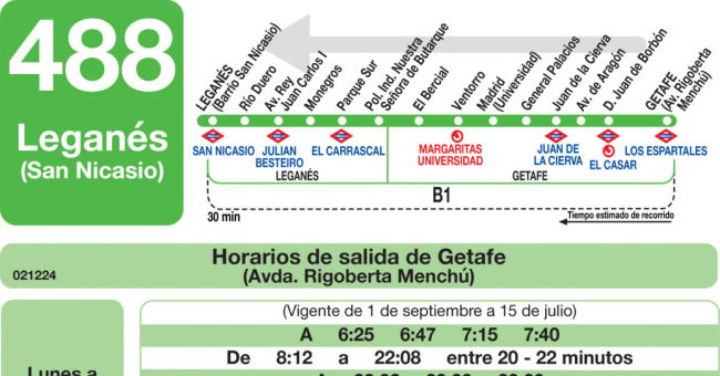 Tabla de horarios y frecuencias de paso en sentido vuelta Línea 488: Leganés (San Nicasio) - Getafe (Getafe Norte)