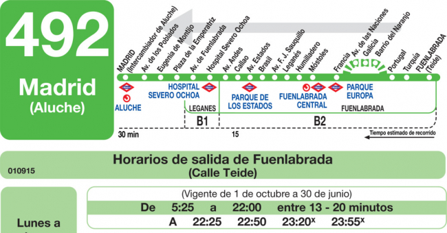 Tabla de horarios y frecuencias de paso en sentido vuelta Línea 492: Madrid (Aluche) - Fuenlabrada (Paseo de Granada)
