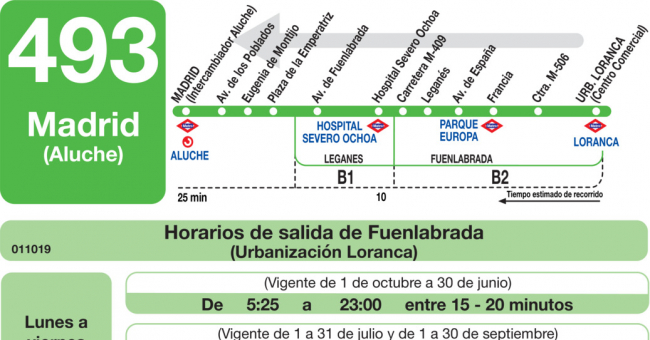 Tabla de horarios y frecuencias de paso en sentido vuelta Línea 493: Madrid (Aluche) - Fuenlabrada (Urbanización Loranca)