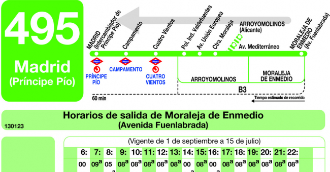 Tabla de horarios y frecuencias de paso en sentido vuelta Línea 495: Madrid (Príncipe Pío) - Arroyomolinos - Moraleja de Enmedio