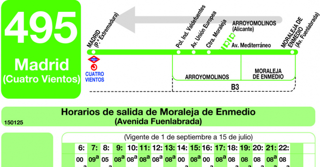 Tabla de horarios y frecuencias de paso en sentido vuelta Línea 495: Madrid (Príncipe Pío) - Arroyomolinos - Moraleja de Enmedio