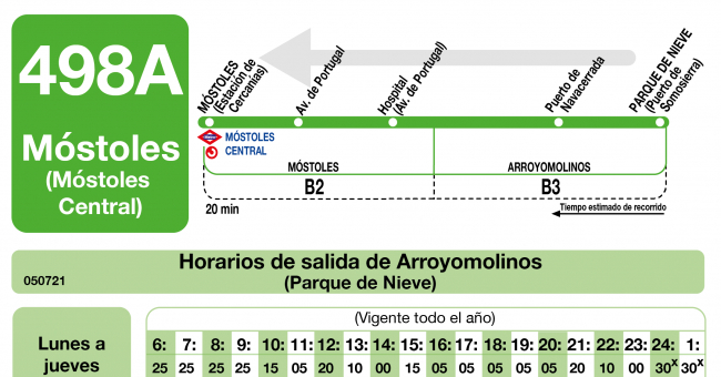 Tabla de horarios y frecuencias de paso en sentido vuelta Línea 498-A: Móstoles (Móstoles Central) - Arroyomolinos (Parque de Nieve)