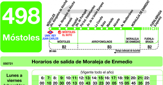 Tabla de horarios y frecuencias de paso en sentido vuelta Línea 498: Móstoles - Arroyomolinos - Moraleja de Enmedio - Fuenlabrada (Hospital)