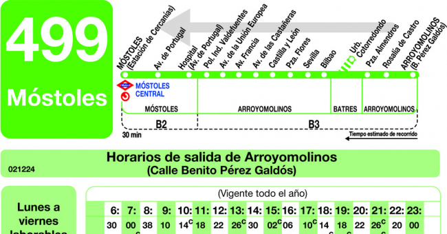 Tabla de horarios y frecuencias de paso en sentido vuelta Línea 499: Móstoles - Arroyomolinos