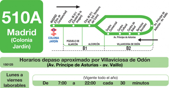 Tabla de horarios y frecuencias de paso en sentido vuelta Línea 510-A: Alcorcón (Puerta del Sur) - Villaviciosa de Odón