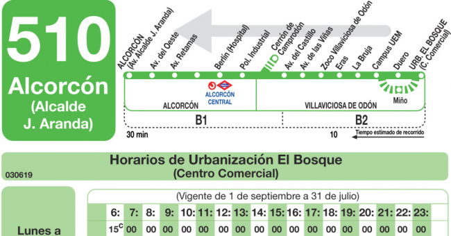 Tabla de horarios y frecuencias de paso en sentido vuelta Línea 510: Alcorcón - Villaviciosa de Odón - El Bosque