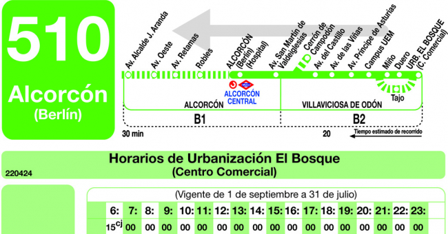 Tabla de horarios y frecuencias de paso en sentido vuelta Línea 510: Alcorcón - Villaviciosa de Odón - El Bosque