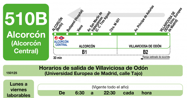 Tabla de horarios y frecuencias de paso en sentido vuelta Línea 510-B: Alcorcón (Alcorcón Central) - Villaviciosa de Odón (Universidad Europea)