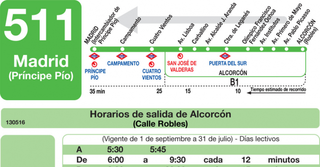 Tabla de horarios y frecuencias de paso en sentido vuelta Línea 511: Madrid (Príncipe Pío) - Alcorcón (Parque Lisboa)