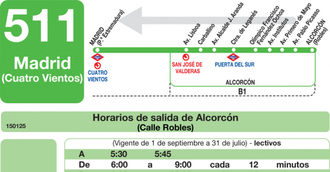 Tabla de horarios y frecuencias de paso en sentido vuelta Línea 511: Madrid (Príncipe Pío) - Alcorcón (Parque Lisboa)