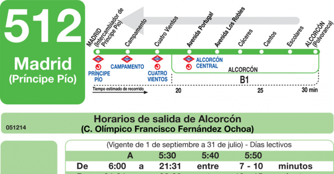 Tabla de horarios y frecuencias de paso en sentido vuelta Línea 512: Madrid (Príncipe Pío) - Alcorcón (Calle de los Cantos)