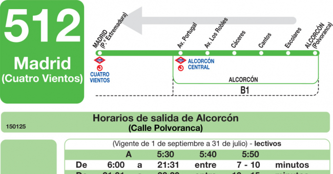 Tabla de horarios y frecuencias de paso en sentido vuelta Línea 512: Madrid (Príncipe Pío) - Alcorcón (Calle de los Cantos)