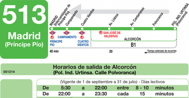 Tabla de horarios y frecuencias de paso en sentido vuelta Línea 513: Madrid (Príncipe Pío) - Alcorcón (Polígono Industrial Urtinsa)