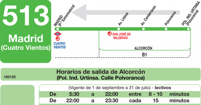 Tabla de horarios y frecuencias de paso en sentido vuelta Línea 513: Madrid (Príncipe Pío) - Alcorcón (Polígono Industrial Urtinsa)