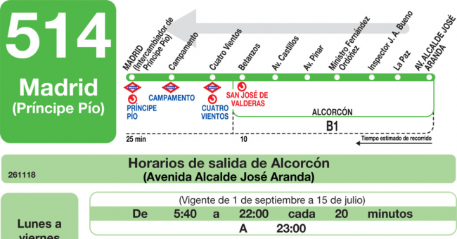 Tabla de horarios y frecuencias de paso en sentido vuelta Línea 514: Madrid (Príncipe Pío) - Alcorcón (Los Castillos)