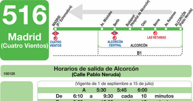 Tabla de horarios y frecuencias de paso en sentido vuelta Línea 516: Madrid (Príncipe Pío) - Alcorcón (Universidad Rey Juan Carlos)