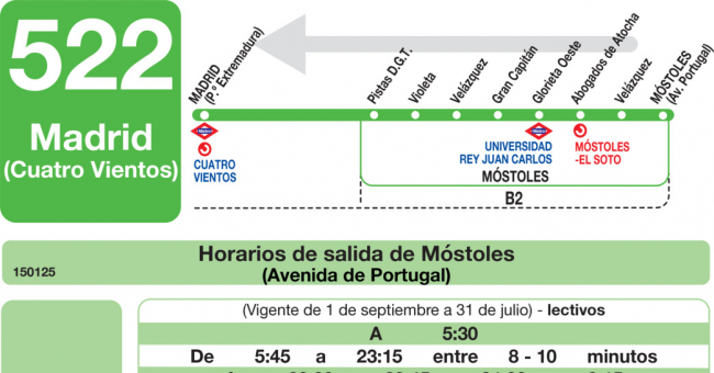 Tabla de horarios y frecuencias de paso en sentido vuelta Línea 522: Madrid (Príncipe Pío) - Móstoles (DGT)