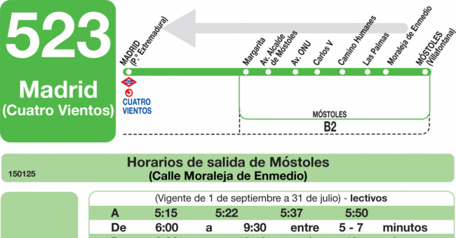 Tabla de horarios y frecuencias de paso en sentido vuelta Línea 523: Madrid (Príncipe Pío) - Móstoles (Villafontana)