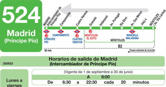 Tabla de horarios y frecuencias de paso en sentido vuelta Línea 524: Madrid (Príncipe Pío) - Móstoles Sur