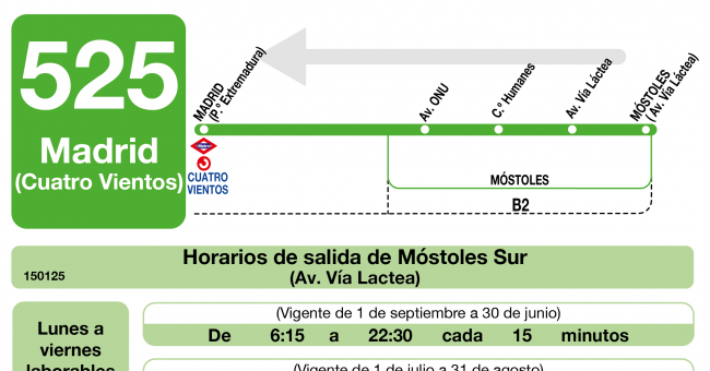 Tabla de horarios y frecuencias de paso en sentido vuelta Línea 525: Madrid (Cuatro Vientos) - Móstoles Sur