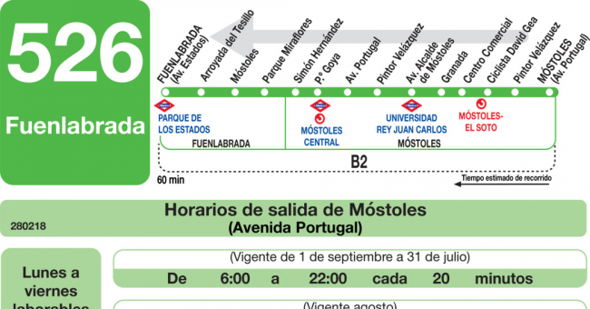 Tabla de horarios y frecuencias de paso en sentido vuelta Línea 526: Fuenlabrada - Móstoles (RENFE)