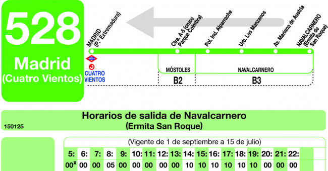 Tabla de horarios y frecuencias de paso en sentido vuelta Línea 528: Madrid (Príncipe Pío) - Navalcarnero