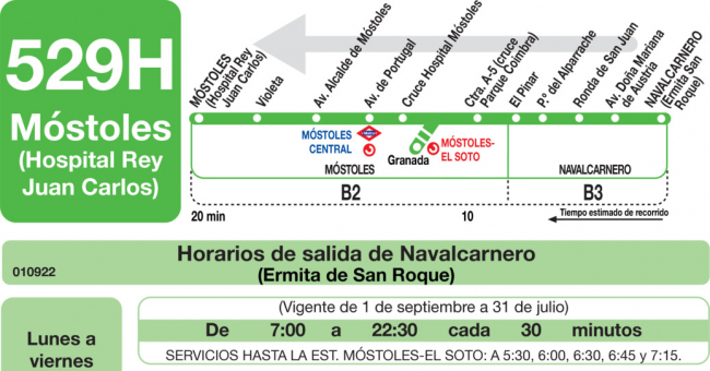 Tabla de horarios y frecuencias de paso en sentido vuelta Línea 529-H: Móstoles (Hospital) - Móstoles - Navalcarnero