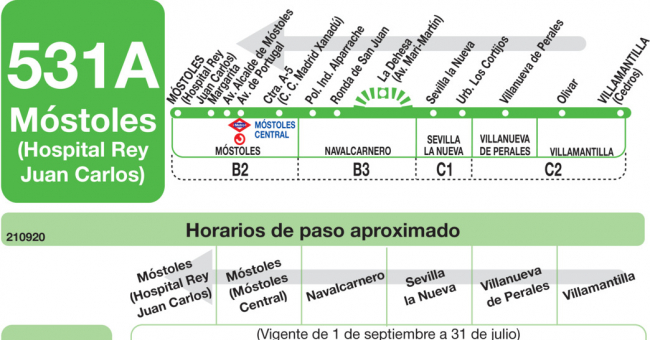Tabla de horarios y frecuencias de paso en sentido vuelta Línea 531-A: Móstoles (Hospital) - Navalcarnero - Villamantilla