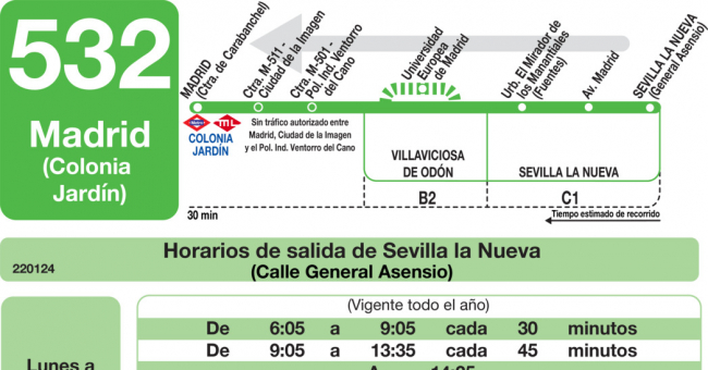 Tabla de horarios y frecuencias de paso en sentido vuelta Línea 532: Madrid (Colonia Jardín) - Sevilla la Nueva