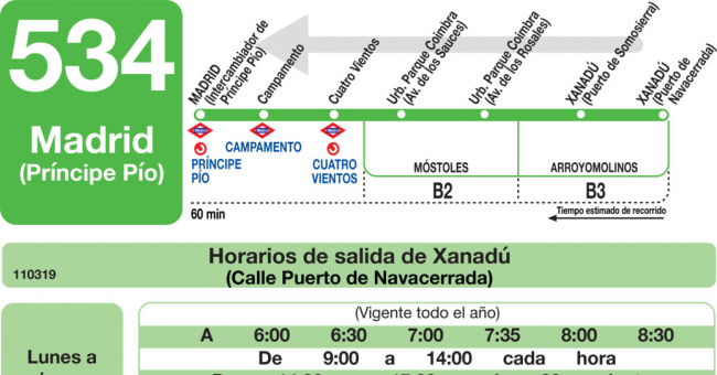 Tabla de horarios y frecuencias de paso en sentido vuelta Línea 534: Madrid (Principe Pío) - Urbanización Parque Coimbra - Xanadú
