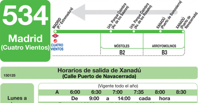 Tabla de horarios y frecuencias de paso en sentido vuelta Línea 534: Madrid (Principe Pío) - Urbanización Parque Coimbra - Xanadú