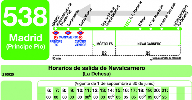 Tabla de horarios y frecuencias de paso en sentido vuelta Línea 538: Madrid (Príncipe Pío) - Navalcarnero (La Dehesa)