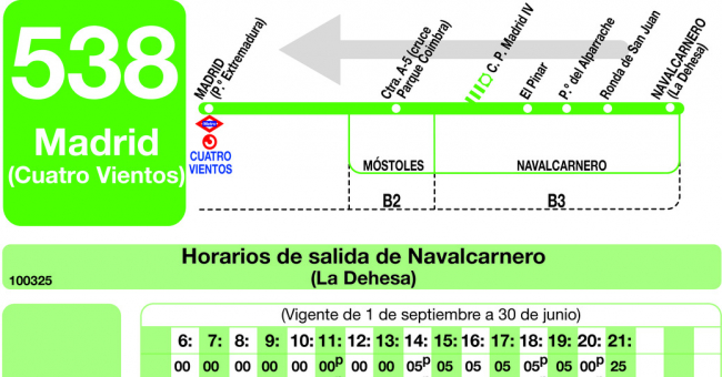 Tabla de horarios y frecuencias de paso en sentido vuelta Línea 538: Madrid (Príncipe Pío) - Navalcarnero (La Dehesa)