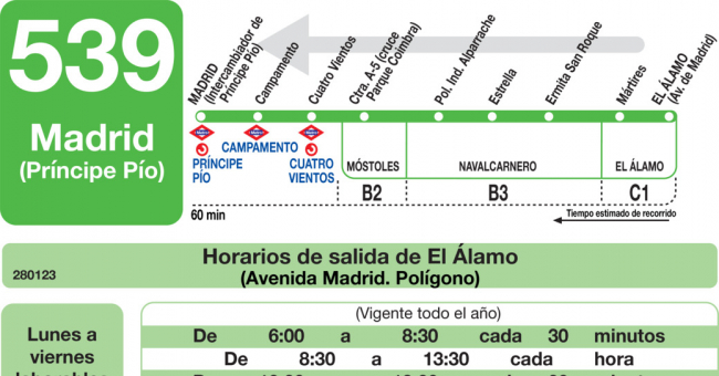 Tabla de horarios y frecuencias de paso en sentido vuelta Línea 539: Madrid (Príncipe Pïo) - El Álamo