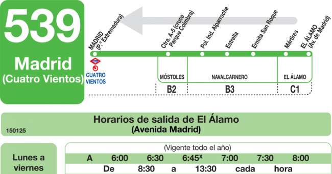 Tabla de horarios y frecuencias de paso en sentido vuelta Línea 539: Madrid (Príncipe Pïo) - El Álamo